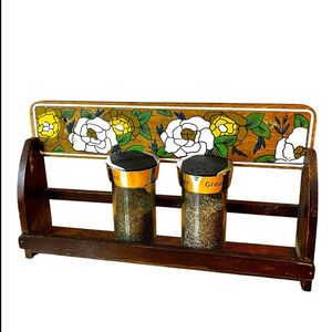Vintage Mid Century 1970s Wood Spice Rack Hand Painted Floral Kitchen Decor Wall
